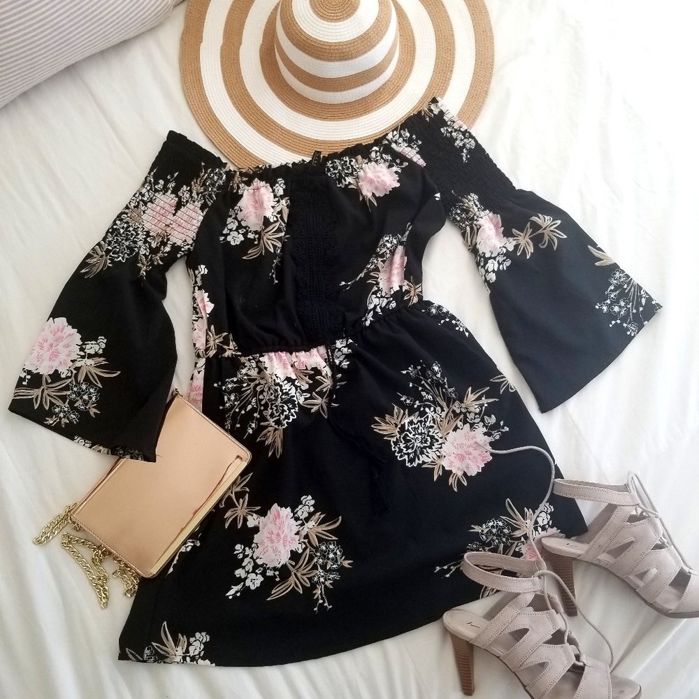 Floral Boho Off Shoulder Bell Sleeve Flared Dress